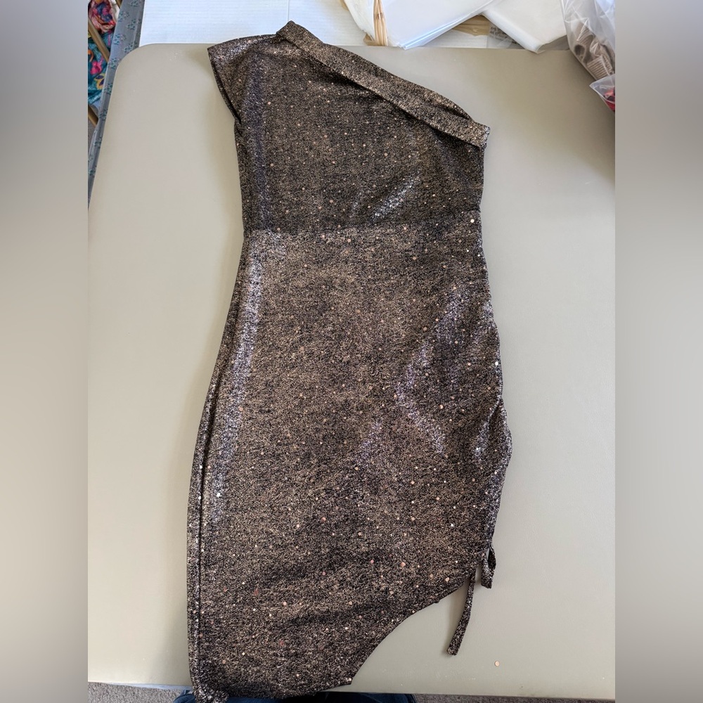 Zara vintage Y2K copper metallic and sequin one shoulder asymmetric mini dress S